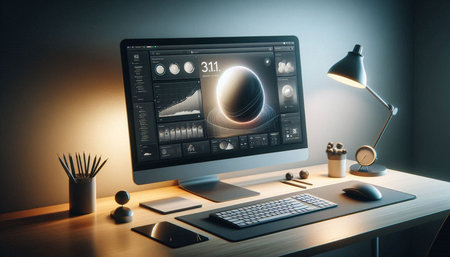 Modern workplace with computer monitor, keyboard, mouse and stationery. 3D Rendering