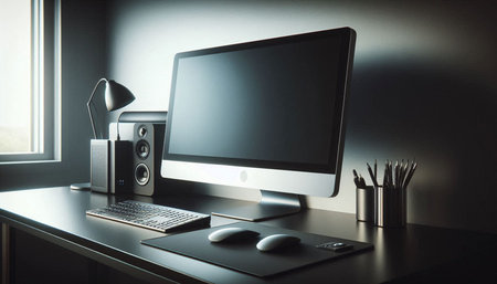 Close up of modern designer desktop with blank computer screen, keyboard, mouse, coffee cup and...