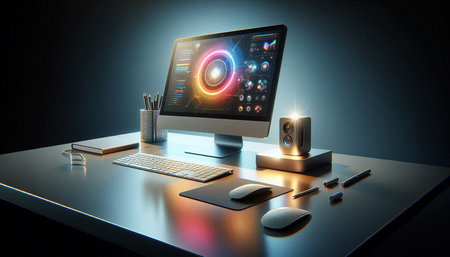 Digital composite of Computer with graphic interface and speakers on table against dark background