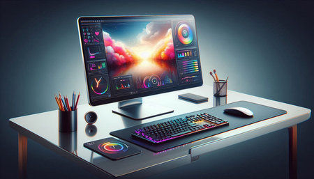 Modern desktop with computer and graphics elements. 3d illustration. Toned image.