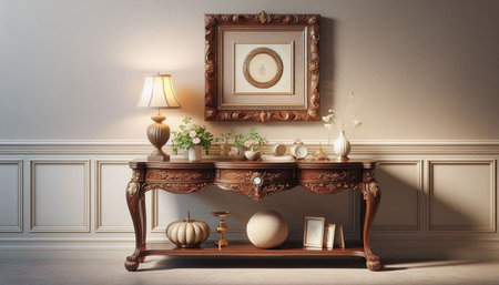 Classic interior with wooden shelf.Digital Illustration.3d rendering