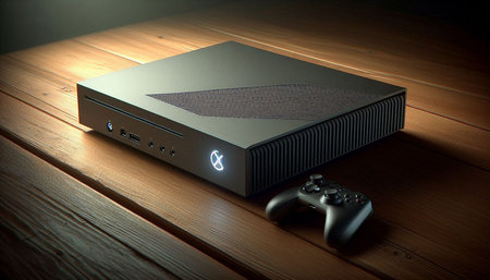Game console on a wooden background. 3d rendering. Computer digital drawing.