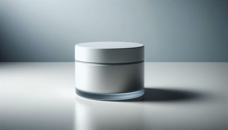 Cosmetic cream jar on the white table with shadow on the wall