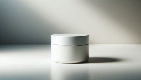 White cosmetic jar on a white background with shadows. Beauty product.