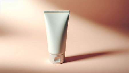 Blank white cosmetic tube on beige background with copy space.