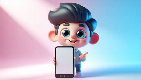 Cute cartoon boy with mobile phone. 3d render illustration.の写真素材