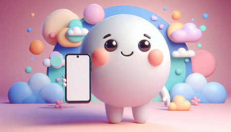 3d rendering of a cute cartoon character with blank screen mobile phoneの写真素材