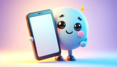 3d render of a cute cartoon character holding a smartphone with blank screenの写真素材