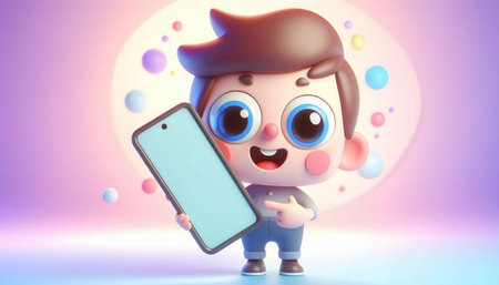 3D illustration of a cute cartoon boy holding a mobile phone.