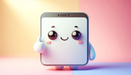 Smartphone with smiley face on pink and blue pastel backgroundの写真素材
