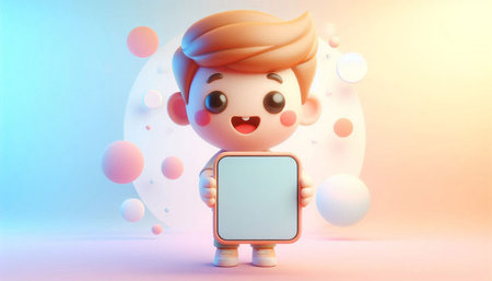 Cute cartoon boy holding mobile phone with blank screen. 3d renderingの写真素材