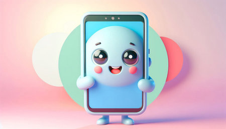 3d render of cute cartoon character with smartphone on colorful background.