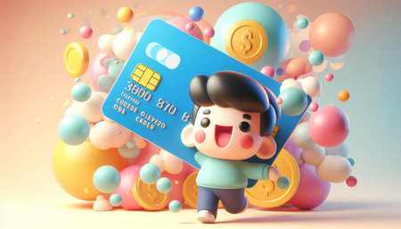 3d rendering of a cute boy holding a credit card with a colorful background