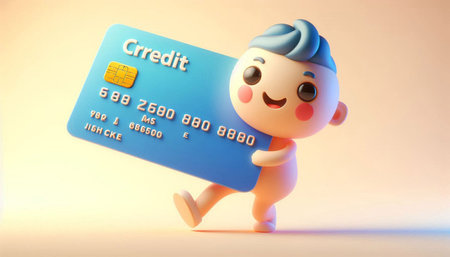 Cheerful boy with a credit card. 3d illustration.