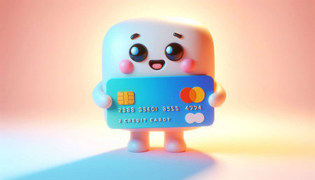 Cute cartoon ice cream character with credit card. 3d rendering