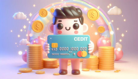 Cute cartoon boy with credit card and coins. 3d rendering