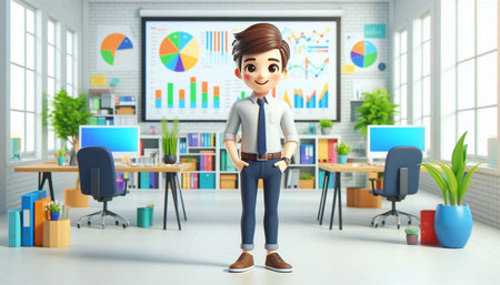 Young business man standing in the office. 3D rendering. Cartoon character.の写真素材