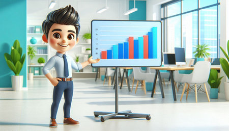 3D Illustration of a young businessman presenting a graph on a whiteboard