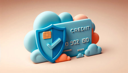 Credit card with shield and cloud. 3d rendering. Computer digital drawing.