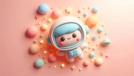 Cute astronaut and colorful confetti on pastel pink background.
