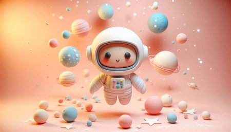 Cute astronaut in space with planets and stars on pink background.