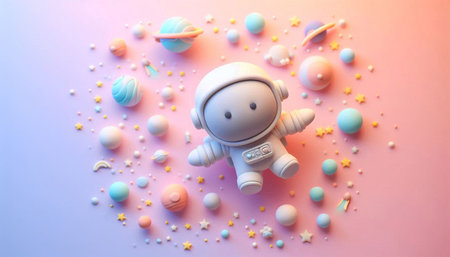 Cute little astronaut on colorful background. Space and universe concept.の写真素材