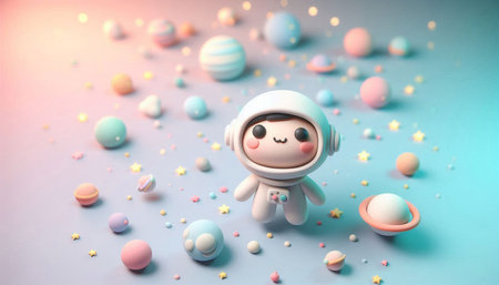 Cute cartoon astronaut on blue background with colorful candies, 3d rendering