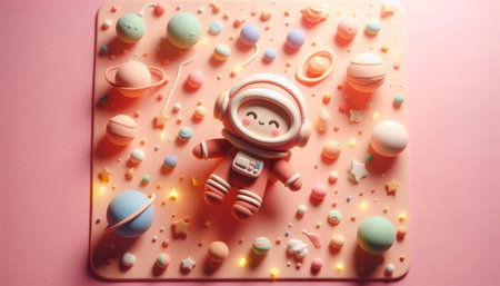 Flat lay. Toy robot on a pink background with multicolored candies.