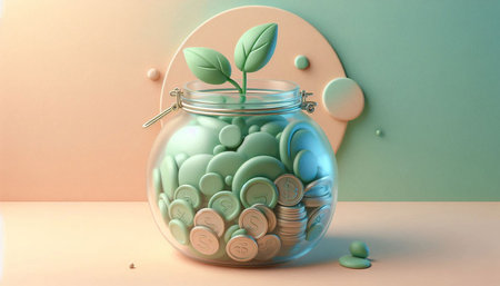 Coins in glass jar with green plant. 3D illustration.