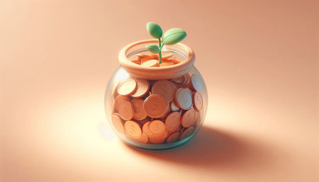 Coins in a jar with a green plant on a colored background