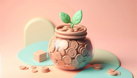 Ceramic pot with coins and leaves on a pink background.の写真素材