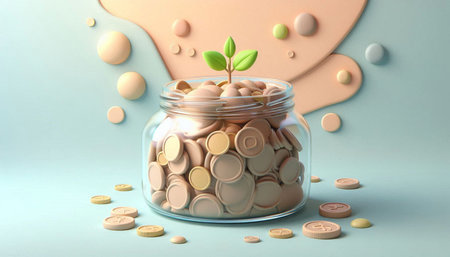 Coins in a glass jar with a green plant. 3D renderingの写真素材