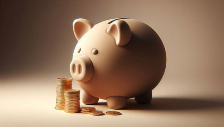 Piggy bank with coins on a brown background, financial concept