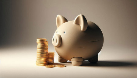 Piggy bank with coins on a gray background. 3d illustration