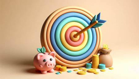 target with piggy bank and coins on beige background. 3d illustration