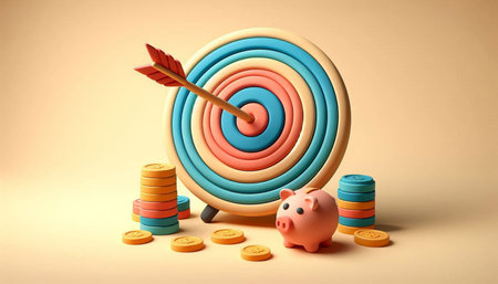 target with piggy bank and coins on beige background, 3d illustration