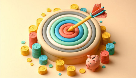 3d illustration of target with piggy bank and coins on color background