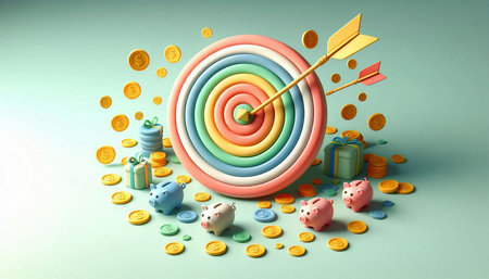 target with coins and piggy bank on green background. 3d illustration