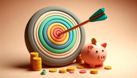 target with piggy bank and coins on color background. 3d illustration