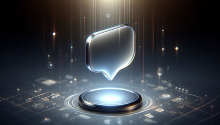 3d rendering of a glass speech bubble on a digital background.