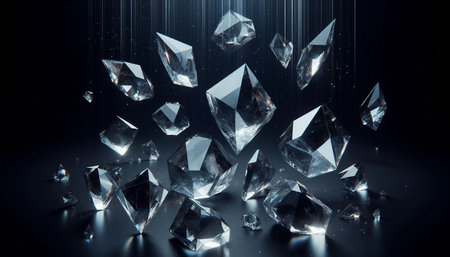 Broken diamonds on a black background. 3d rendering, 3d illustration.