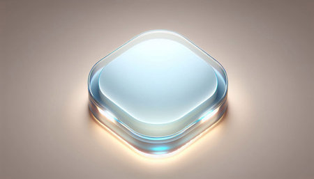 Glass button with blue light on gray background. 3D rendering.