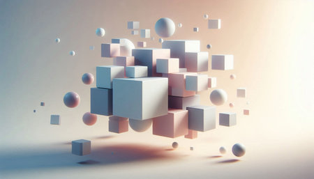 3d rendering of white cubes flying in the air. 3d illustration.の写真素材
