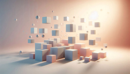 Abstract 3D rendering of cubes in empty space with light effects.