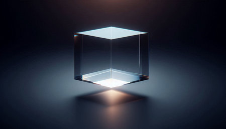 Glass cube on a dark background. 3d rendering, 3d illustration.