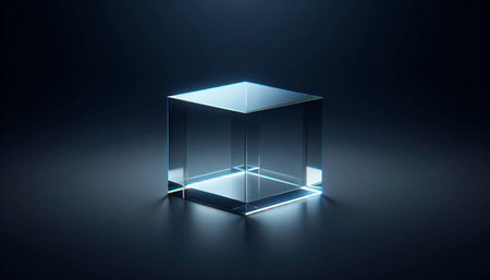 3d rendering of a glass cube on a dark background, illuminated with blue light
