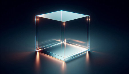 Glass cube on dark background, 3d rendering. Computer digital drawing.