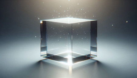 3d render of a crystal cube on a dark background with light effects