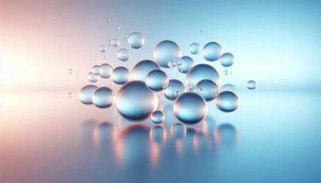 Bubbles in water on blue background. 3d illustration.