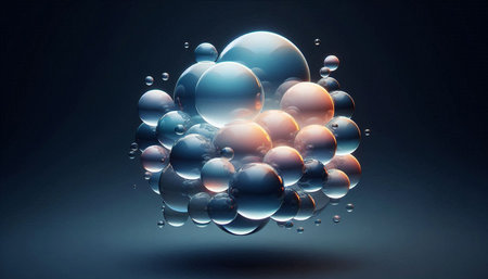 Abstract 3d rendering of water balls on dark background. Bokeh effect.